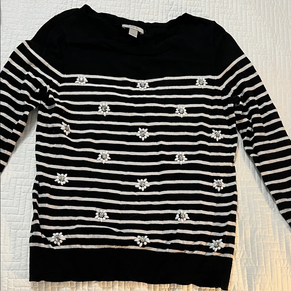 LOFT Black and White Striped Sweater with Floral Details
